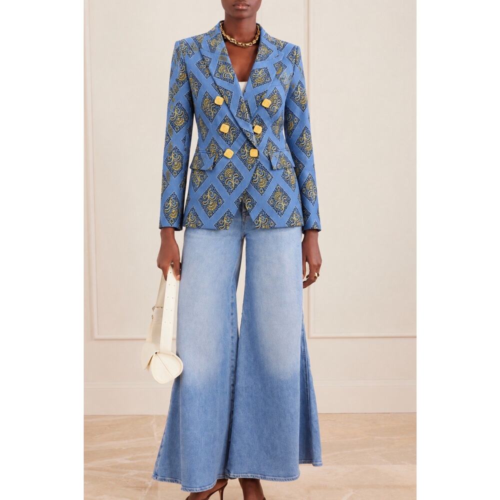 Veronica Beard Double Breasted Printed Blazer Blue Gold Size 2 Sample
